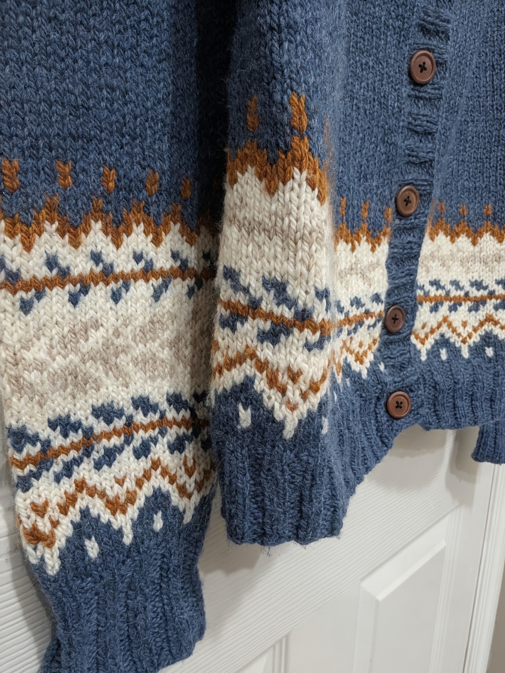Hand Knit Blue Fair Isle Button-Up Sweater Cardigan - Picture 4 of 10